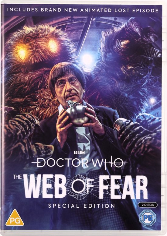 Doctor Who: The Web of Fear Special Edition DVD-hoes. Een man in pak staat omringd door harige wezens. "Includes brand new animated lost episode."