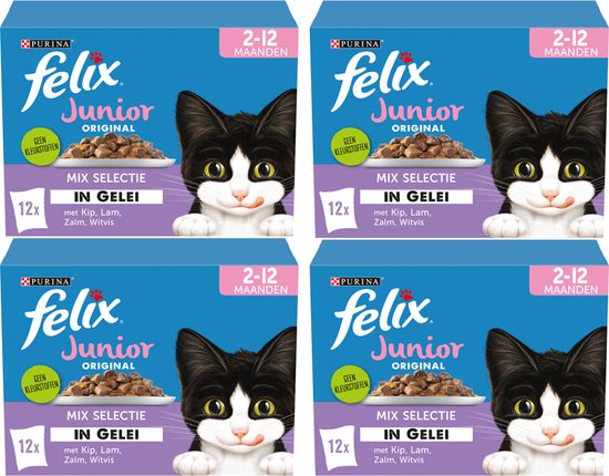 Foto: Felix original junior mix selectie in gelei kattenvoer natvoer kip lam zalm en witvis 48 x 85 g