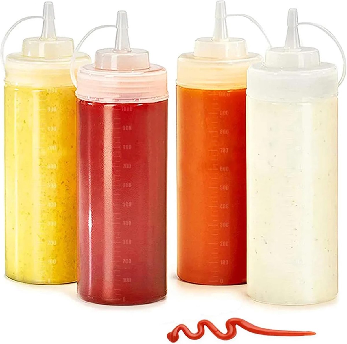 Image of 4 stuks sausflessen, 500 ml knijpfles, 16 oz met dop, doseerfles, knijpfles, spuitfles 500 ml, knijpfles voor specerijen, ketchup, mosterd, mayo, olijfolie, helder, schilderen