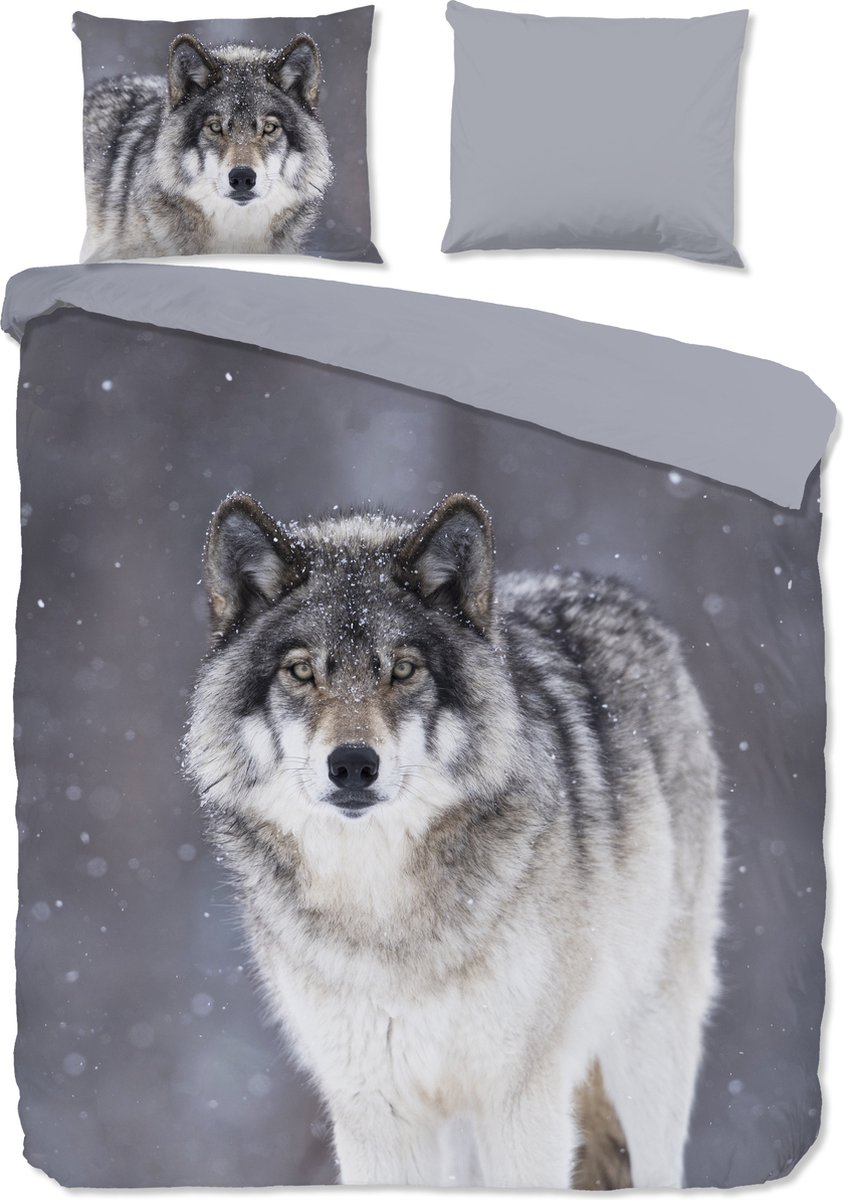Good Morning dekbedovertrek wolf - 2 persoons 200x200/220 cm - Grijs - 100% Katoen flanel