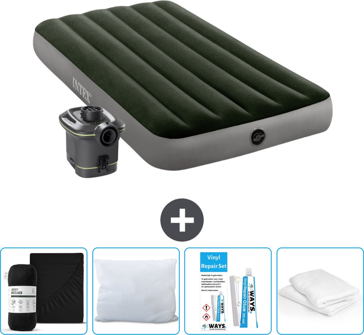 Intex Luchtbed - 1-Persoons - 99 x 191 x 25 cm - Groen - Met pomp + Hoeslaken Zwart + Kussen + Molton 2 in 1 Kussenslopen + Reparatieset