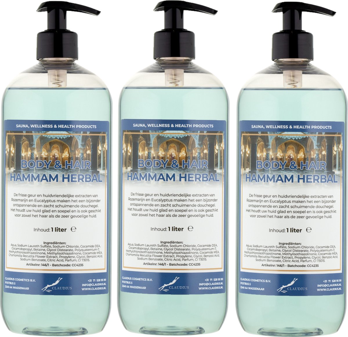 Goedkoopste Body & Hair Hammam Herbal 1 liter - set van 3 stuks - met gratis pomp - 2 in 1 voor lichaam en haar.