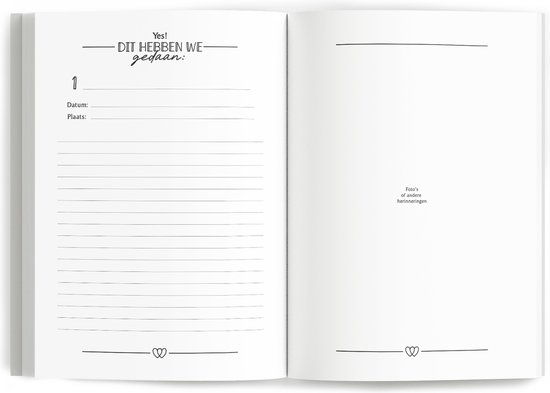 Open bucketlist boek met de titel 'Yes! Dit hebben we gedaan:' en ruimte om datum en plaats in te vullen voor voltooide uitdagingen.