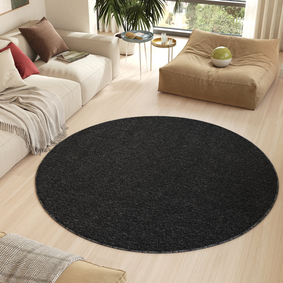 Tapiso Nizza Rond Vloerkleed Zwart Antislip Waasbaar Laagpolig Tapijt Kleed Maat- 160x160