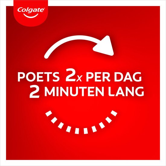 Witte tand met draaiende pijl. "Poets 2x per dag 2 minuten lang" tekst.