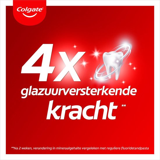 Grote witte tekst "4x glazuurversterkende kracht" met witte tand.