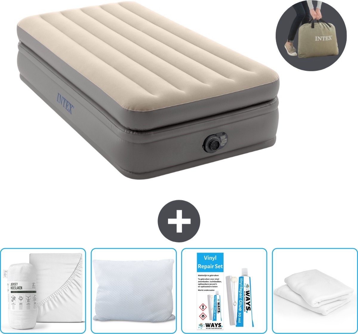 Intex Luchtbedset - 1-Persoons - 99 x 191 x 51 cm - Grijs - Met Ingebouwde pomp + Hoeslaken Wit + Kussen + Molton 2 in 1 Kussenslopen + Reparatieset