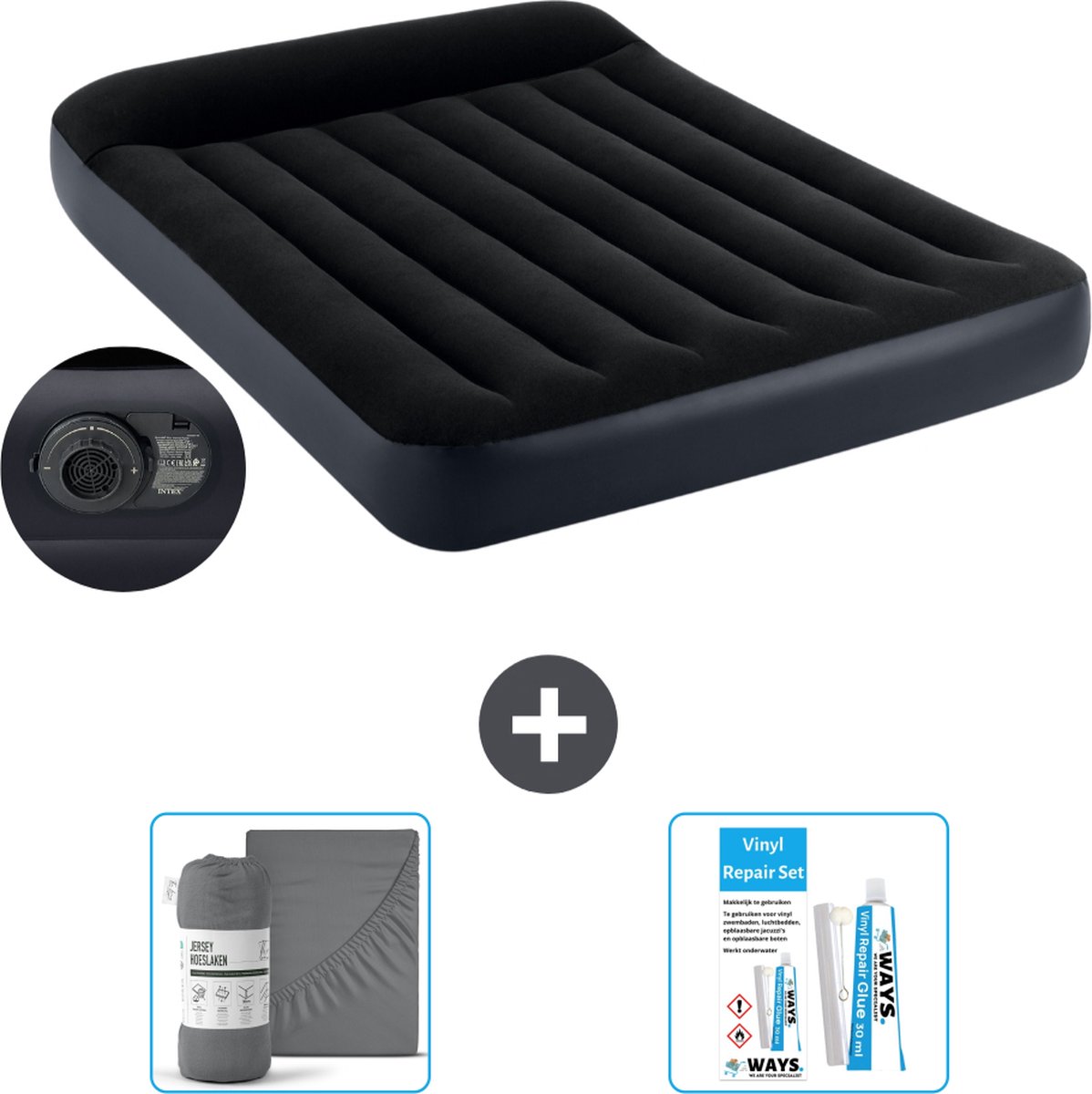 Intex Luchtbed - Twijfelaar - 137 x 191 x 25 cm - Blauw - Met ingebouwde pomp Hoeslaken Antraciet en Reparatieset