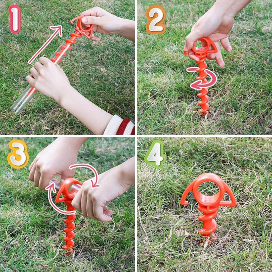 4 Piquets De Tente En Plastique Vert - Design Spirale Pour Fixation Solide Sur Pelouse, Plage, Camping - Avec Tube De Rangement