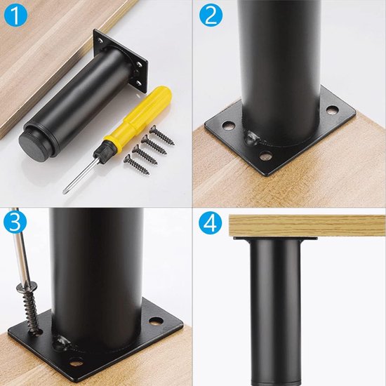 Yooler 4 stuks meubelpoten, 8-12 cm verstelbare meubelpoten, zwarte metalen kastpoten met 20 schroeven, vervangende steunpoten, Geschikt voor bank, tafel, stoel, bureau, bank, keuken, kast