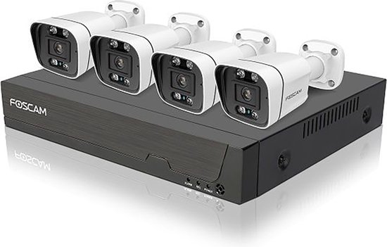 Foscam FN9108E-B4-2T PoE Beveiligingssysteem – 8-kanaals 5MP NVR Kit met 4 Bullet Camera’s – Persoons- en Voertuigdetectie – Nachtzicht – H.264+ – Plug & Play – 2TB HDD – Zwart