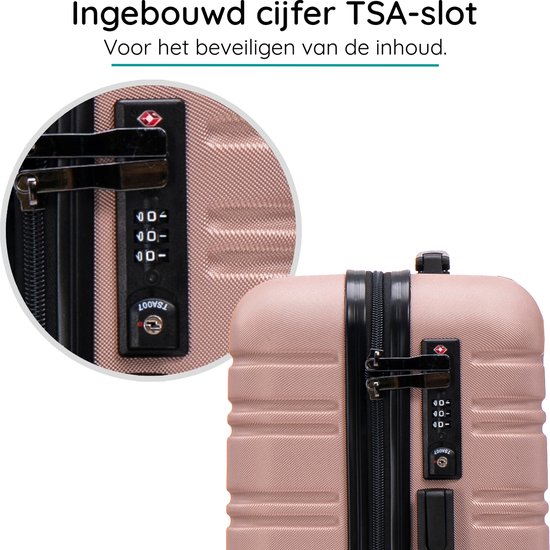 Close-up van het geïntegreerde 3-cijferige TSA-slot op een roze koffer.