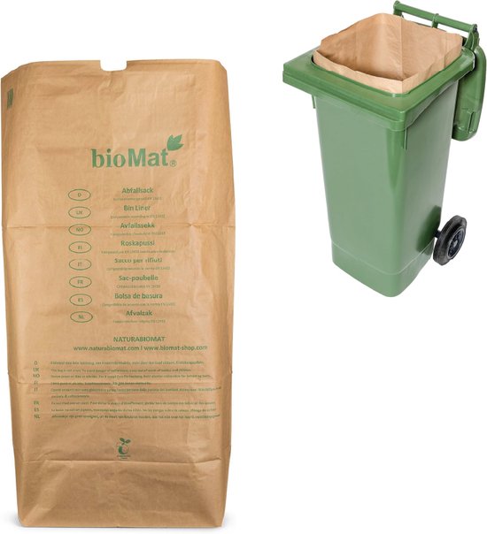 Sacs poubelles BioMat en papier marron à côté d'une poubelle verte avec un sac marron à l'intérieur.