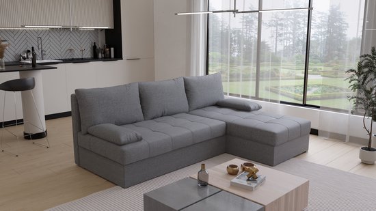 Grijze stoffen hoekbank in een moderne woonkamer, met verstelbare rugleuning en chaise longue.
