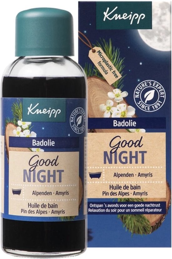 Kneipp Badolie Good Night Alpenden-Amyris. Donkere olie in glazen flesje met blauwe dop. Doos toont nachtlandschap, maan en bloesems. "Microplastic free formula".