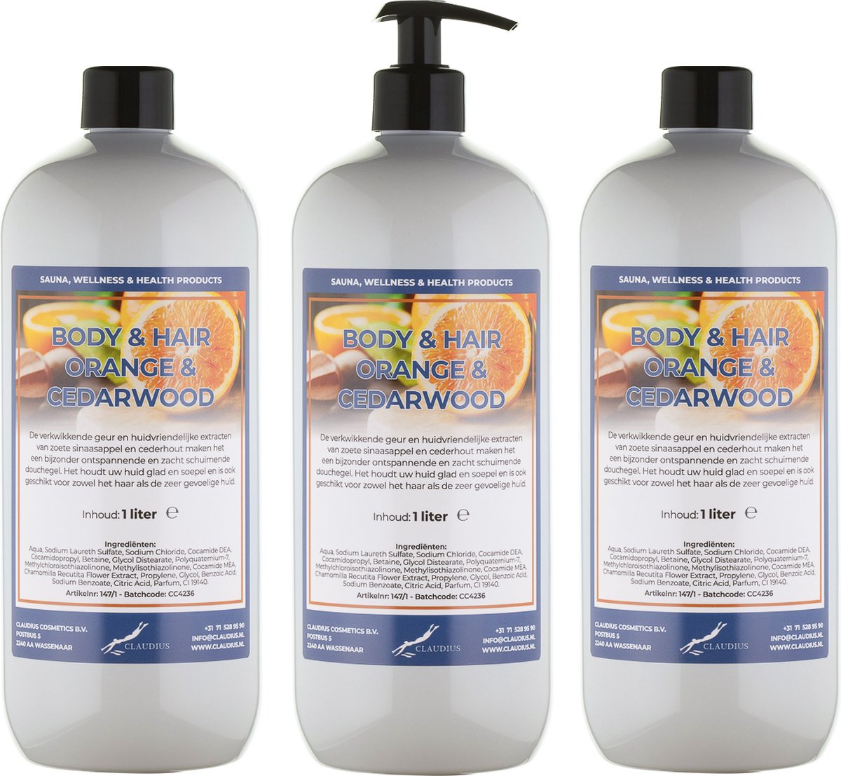 Goedkoopste Body & Hair Sweet Orange & Cedarwood 1 liter - set van 3 stuks - met gratis pomp - 2 in 1 voor lichaam en haar.