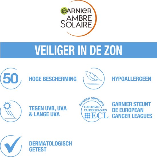 Garnier Ambre Solaire logo met tekst 'VEILIGER IN DE ZON', SPF 50, hypoallergeen en dermatologisch getest.