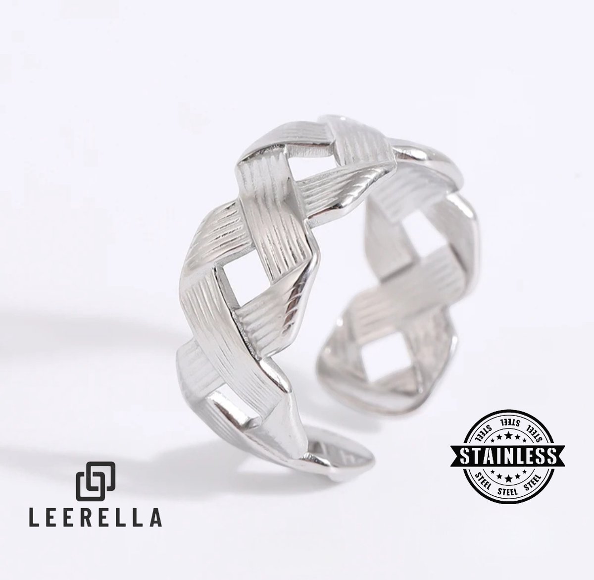 Leerella Prachtige Verstelbare Ring van Roestvrij Staal met Gevlochten Motief – Zilverkleurig – Elegante en Duurzame Accessoire voor Elke Gelegenheid Moederdag, Valentijnsdag, Verjaardagen