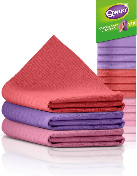 Foto: Qwikr microvezeldoekjes 21x21cm keuken 12 stuks paars rood roze schoonmaakdoekjes reinigingsdoekjes voordeelverpakking set van 3 ideaal voor de grote klussen microvezeldoeken