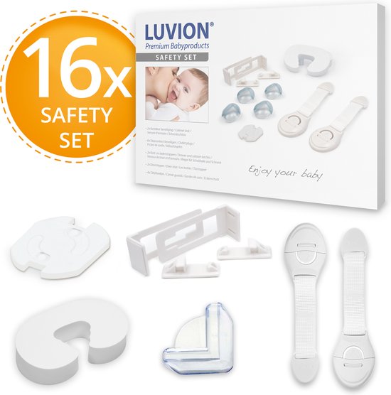 LUVION® 16-delige Baby en Kinderveiligheid Set - 2x Foam deurstopper voor binnen - 4x Kinderslot voor kastjes en lades - 4x Transparante hoekbeschermers voor tafel en kast - 6x Stopcontactbeveiliging