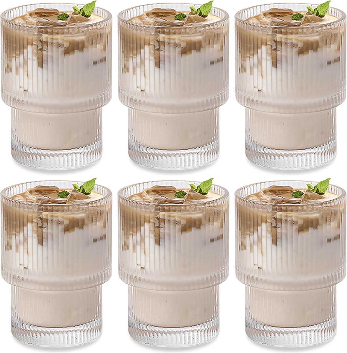 Glozini Waterglazen - 6 Stuks - Ribble Glas - 200ml - Geribbelde Glas - Stapelbaar - Waterglas - Water glazen - Cappucino, koude en warme dranken glazen