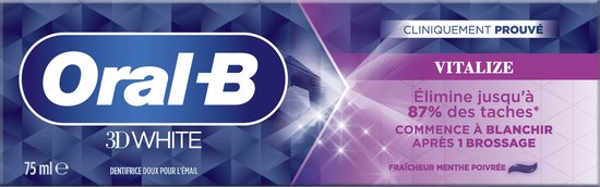 Verpakking van Oral-B 3D White Vitalize tandpasta. Klinisch bewezen: verwijdert 87% vlekken, begint witter na 1 poetsbeurt.