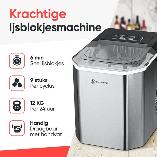 Kitchenwell IJsblokjesmachine - 1.3L - IJsblokjesmaker - IJsschep - 12kg/24 uur - Draagbaar - Zelfreinigingsfunctie - RVS van Kitchenwell — afbeelding 2