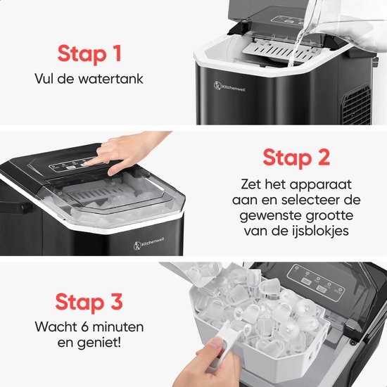 Kitchenwell IJsblokjesmachine - 1.3L - IJsblokjesmaker met IJsschep - 12kg/24 uur - Zelfreinigingsfunctie - Draagbaar - Zwart van Kitchenwell — afbeelding 5