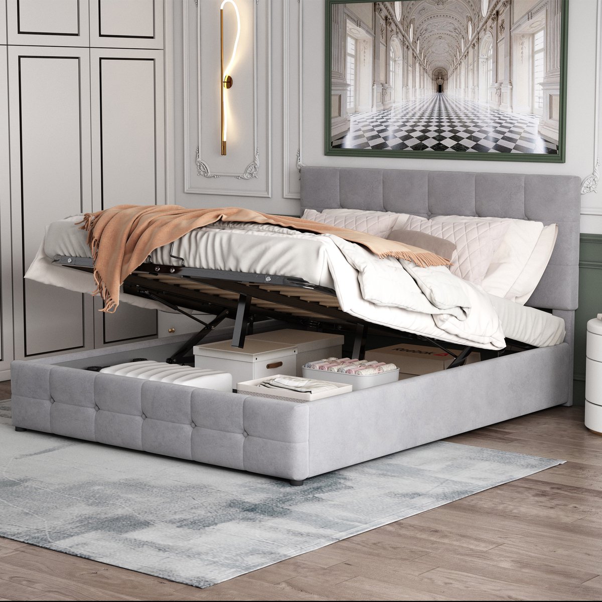 Sweiko Gestoffeerd bed 140x200cm, Tweepersoonsbed met Hydraulische Hefbergruimte, in hoogte verstelbaar gestoffeerd hoofdeinde, metaal Vlakke noedels grille, huidvriendelijk fluwelen stof tweepersoonsbed, volwassen jeugdbed, Grijs