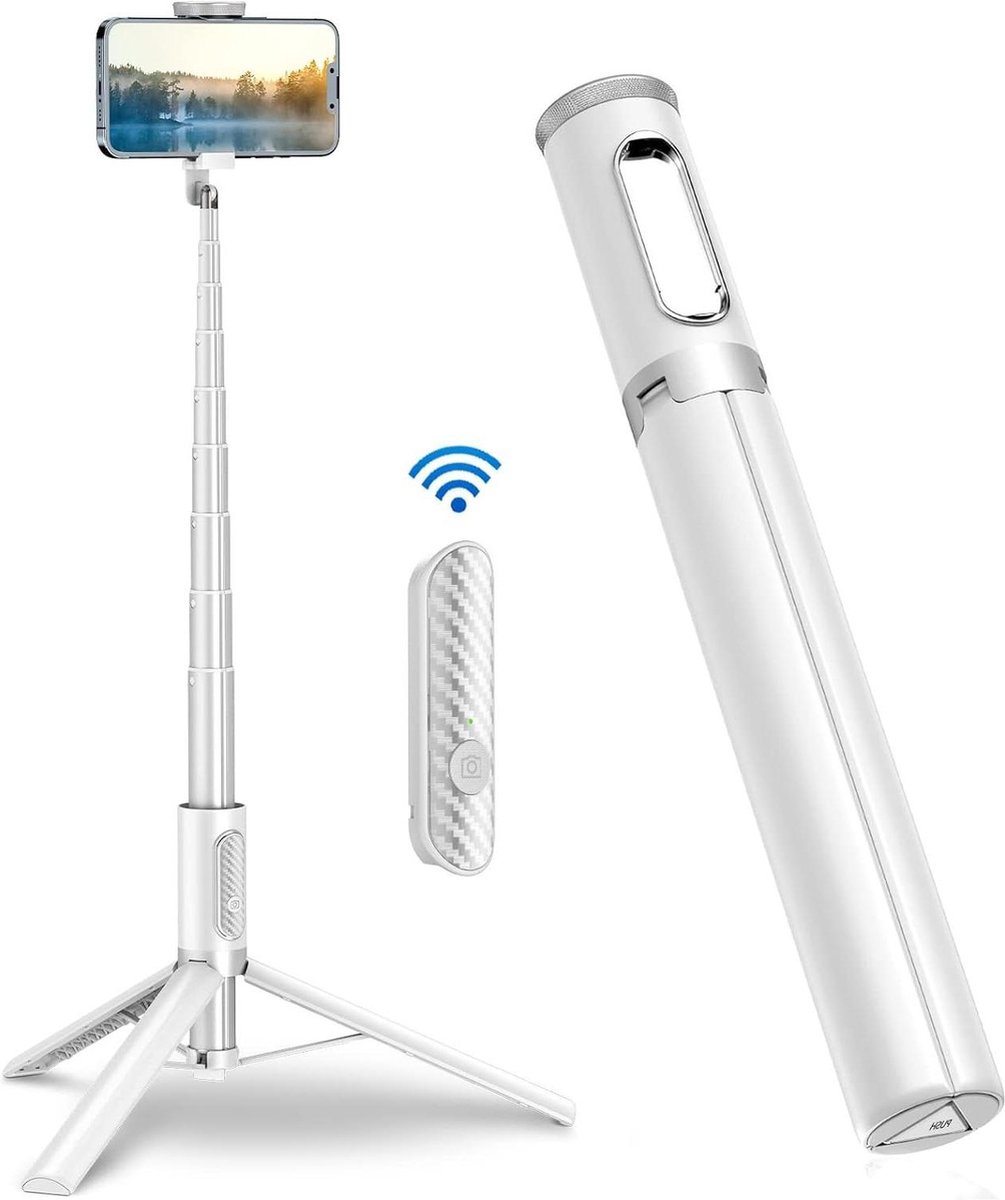 152cm selfiestick voor mobiele telefoon - uittrekbaar statief - draaibaar flexibel telefoonstatief met afstandsbediening - compatibel met iPhone en Android - Wit.