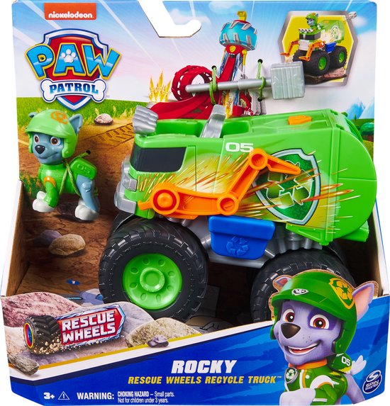 Foto: Paw patrol reddingswagens vuilniswagen met rocky speelfiguur speelgoedauto