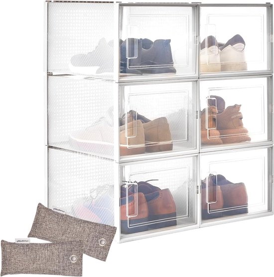 Yorbay Schuhbox 3er Set Schuhbox, stapelbarer Schuhorganizer, Schuhaufbewahrung (Kunststoffbox mit durchsichtiger Tür), Transparent weiß / schwarz, 37 x25,5 x 20 cm, für Schuhe bis Größe 48