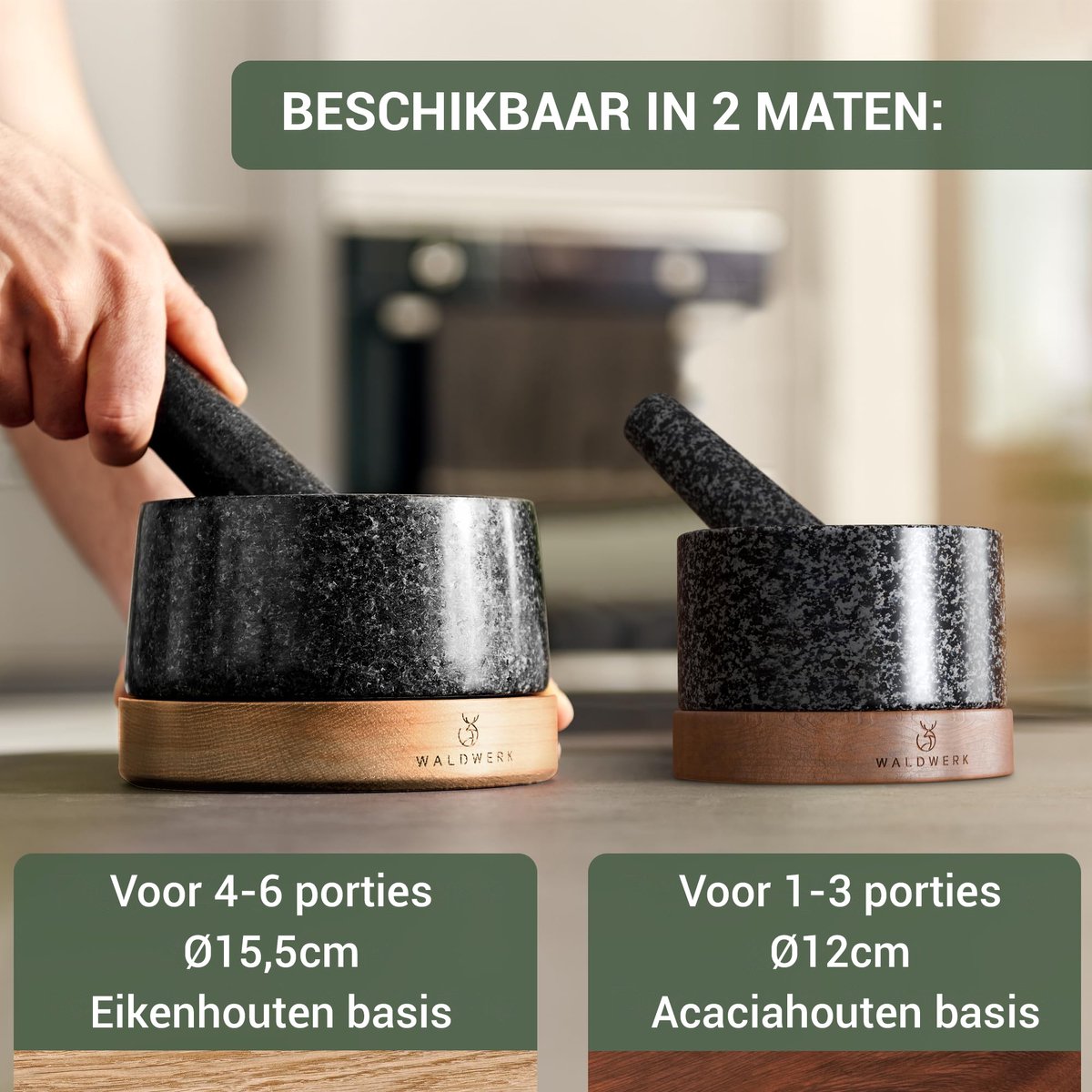 WALDWERK Mortier Et Pilon - Base Bois D'Acacia, Pilon Granit Naturel - Diamètre 12 Cm