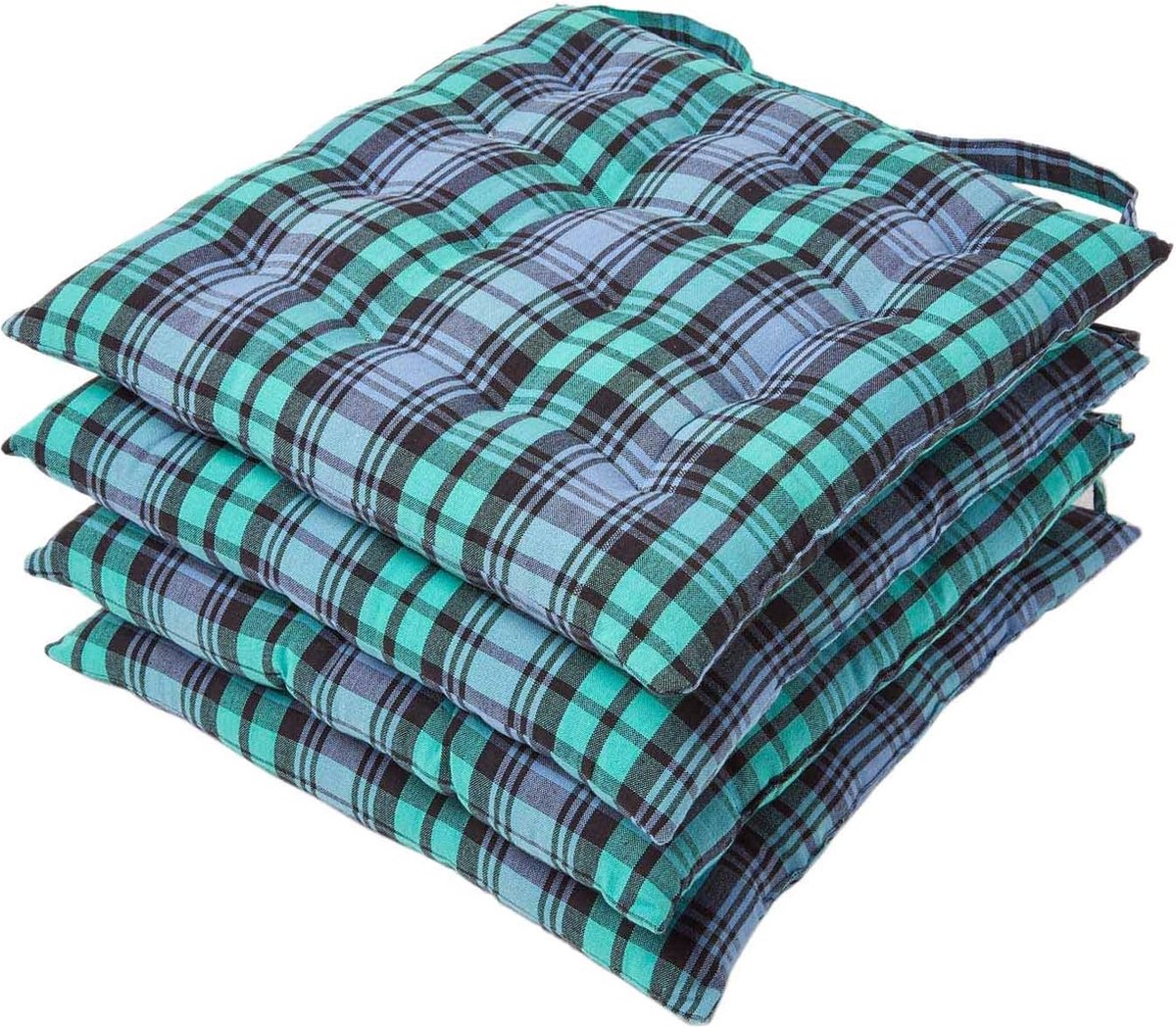 Homescapes Blackwatch Tartan zitkussens, 100% katoen, set van 4 Blauw