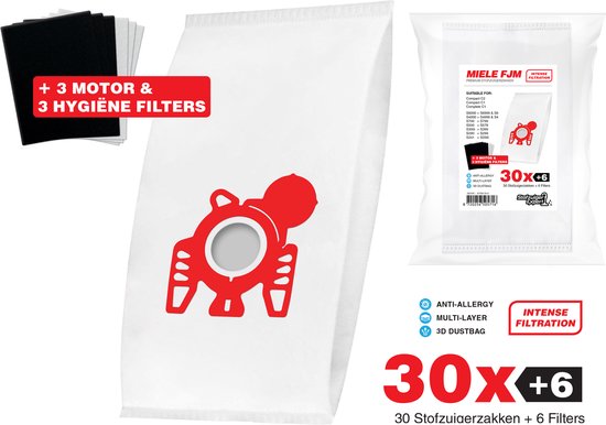 Foto: 30x miele stofzuigerzakken fjm 3d stofzakken 3x filter sets 3 hygi ne en 3 motor filters meegeleverd premium kwaliteit multi lagen anti allergie geschikt voor o a miele c2 c1 s6 s4 s6000 s4000 s700 s500 s300 s200