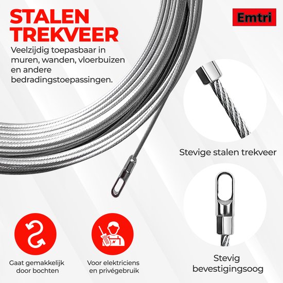 Stalen trekveer, 10 meter lang, flexibel en stevig. Close-ups van de bevestigingsogen en symbolen voor gebruiksgemak door bochten en voor elektriciens.