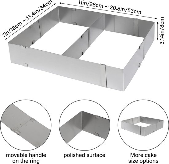 Moule à Pâtisserie Rectangulaire Ajustable En Acier Inox - Dimensions Variables 18.5x27.5 à 34x52.5 Cm, Pour Gâteaux, Tartes, Pizzas
