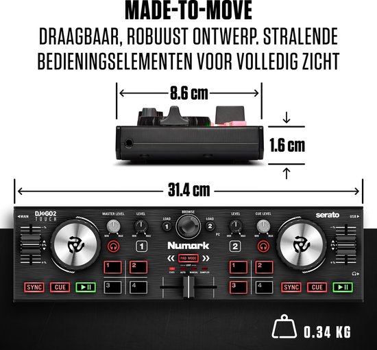 Afmetingen van de Numark DJ2GO2 Touch DJ-controller (31.4 cm x 8.6 cm x 1.6 cm) en het gewicht (0.34 kg).