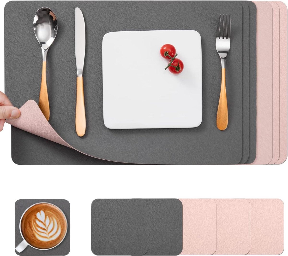 Set van 4 Wasbare Hittebestendige Antislip Placemats voor Keuken Familie Restaurant - Grijs Roze - Duurzaam Slipvast Round Woven Placemats