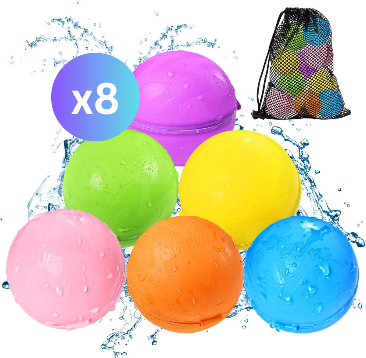 Soppycid Herbruikbare Waterballonnen 8 stuks Zelfsluitend Waterballonnen Inclusief Opbergnet Waterspeelgoed voor Jongens en Meisjes Waterpret Strand