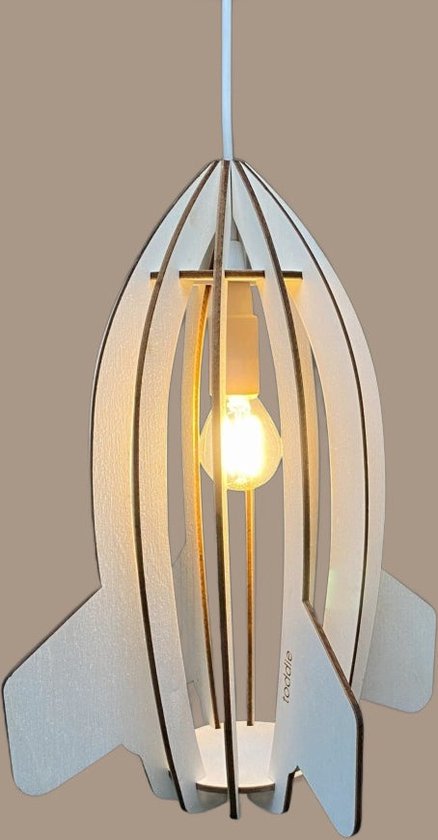 Houten hanglamp kinderkamer | Raket - blank | Plafondlamp jongenskamer | toddie.nl