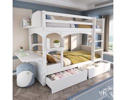 Sweiko Kinderstapelbed, Multifunctioneel Kinderbed, met opklapbaar Bureau en Plank, met ladder en 2-laden, zonder matras, massief hout, Wit, 90*200cm