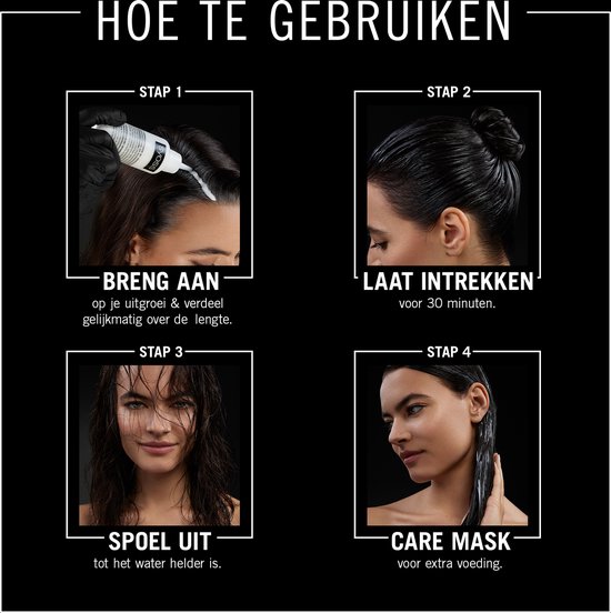 Stappen: 1. Aanbrengen op haar en verdelen. 2. 30 minuten laten intrekken. 3. Uitspoelen. 4. Care mask aanbrengen voor voeding.
