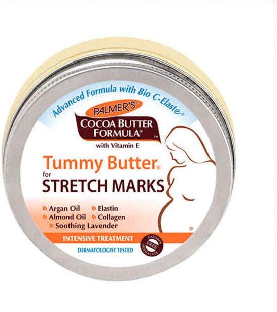 Palmers Tummy Butter blik met 'Cocoa Butter Formula' en afbeelding van zwangere vrouw. 'Advanced Formula with Bio C-Elaste'.