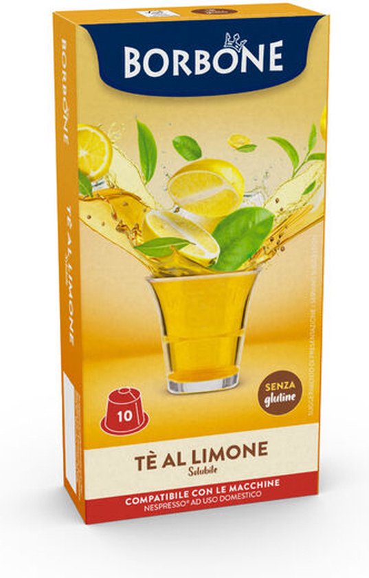 Boîte de 10 capsules de thé instantané Borbone 'Te Al Limone', avec une tasse de thé et des citrons.