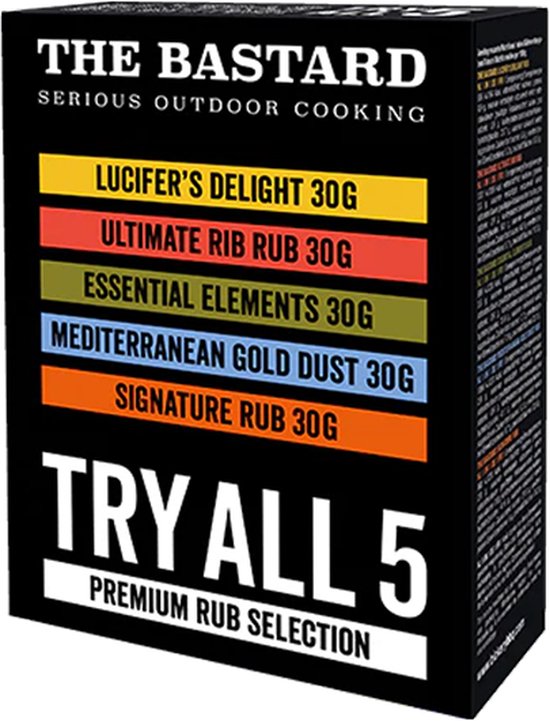 Doos met 5 soorten kruidenmixen van The Bastard, met gekleurde strepen en 'Try All 5'.