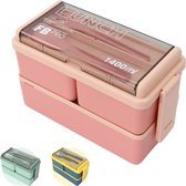 Kleine Lunchbox - 1400ml - Met servies en vakjes x3 - Geschikt voor rijst, noodles, groente, vlees en meer! - Voor kinderen en volwassenen - Roze