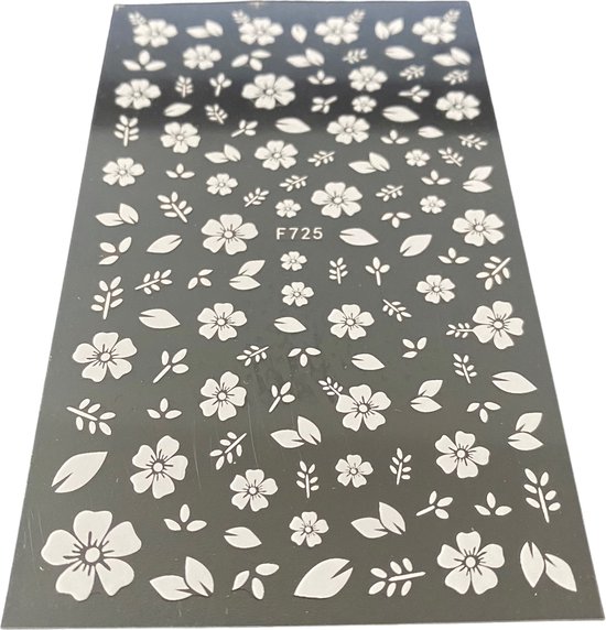 Zwarte sticker met witte bloemen en bladeren.