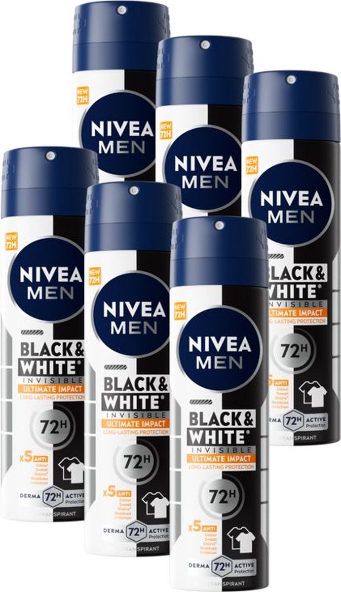 Goedkoopste NIVEA MEN Black & White Ultimate Impact Deodorant Spray - Deo - Anti-Transpirant - Voordeelverpakking - 6 x 150ml