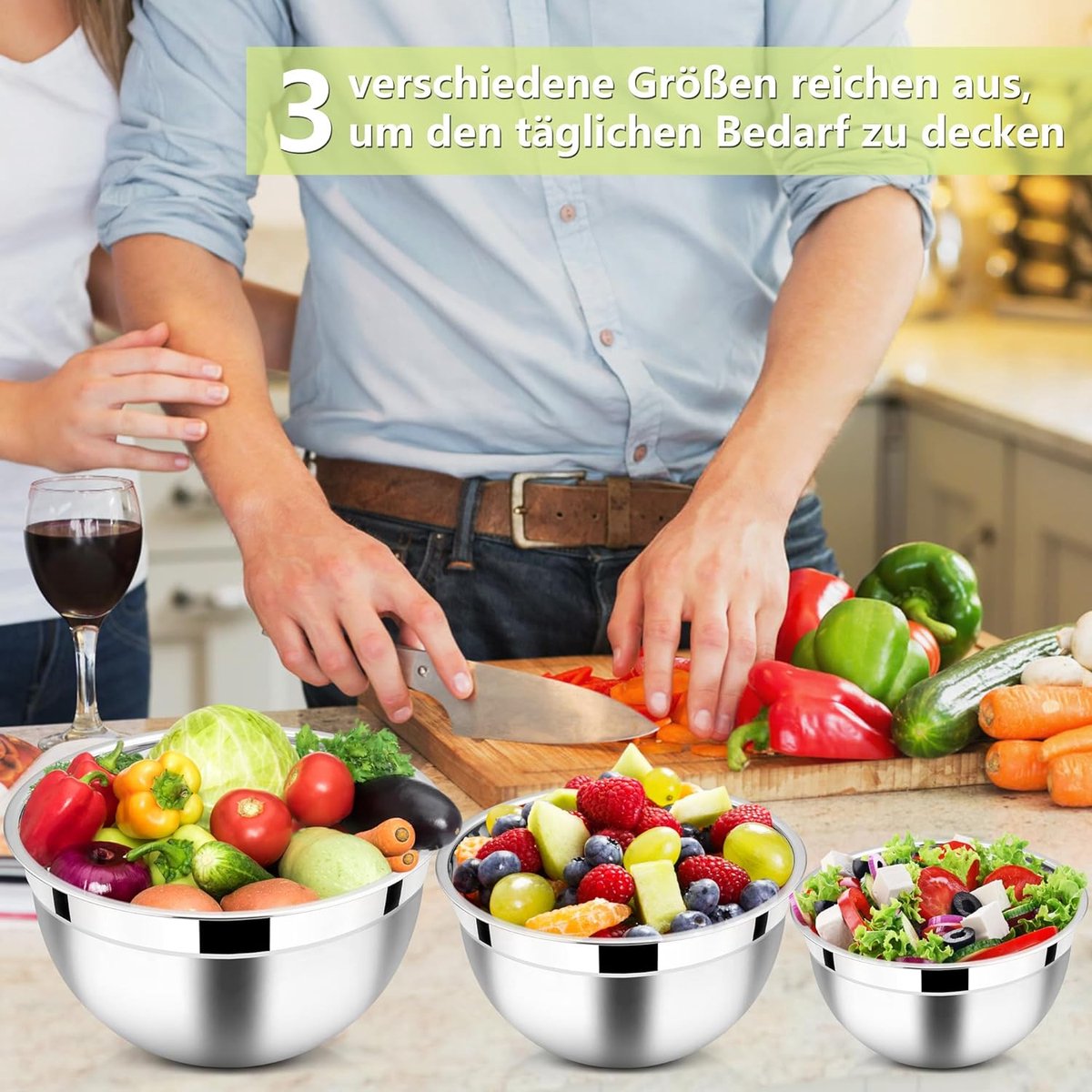 Mengkom, roestvrij stalen kom, slakom, 3-delige set met luchtdicht deksel, perfect voor bakken, koken, stapelbaar en vaatwasmachinebestendig, 4,5 l, 2,7 l, 1,5 l, kaki